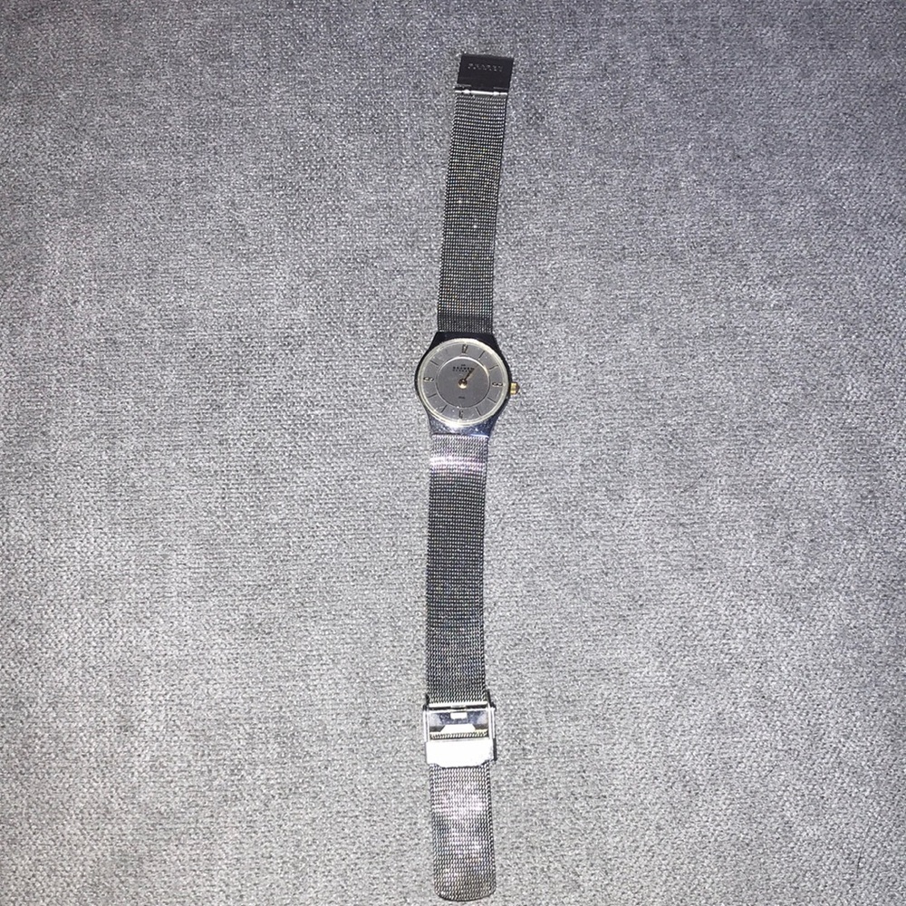 Skagen Denmark Mesh band analogue Watch silver tone with gold tone numbers